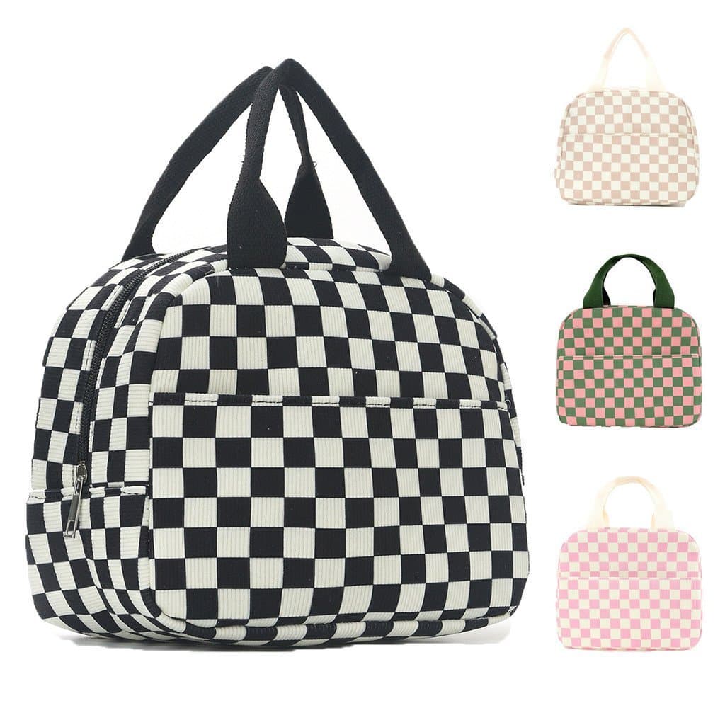 Bolsa térmica para almoço em veludo cotelê, bolsa térmica de folha de alumínio com padrão xadrez estilo ins, bolsa para
