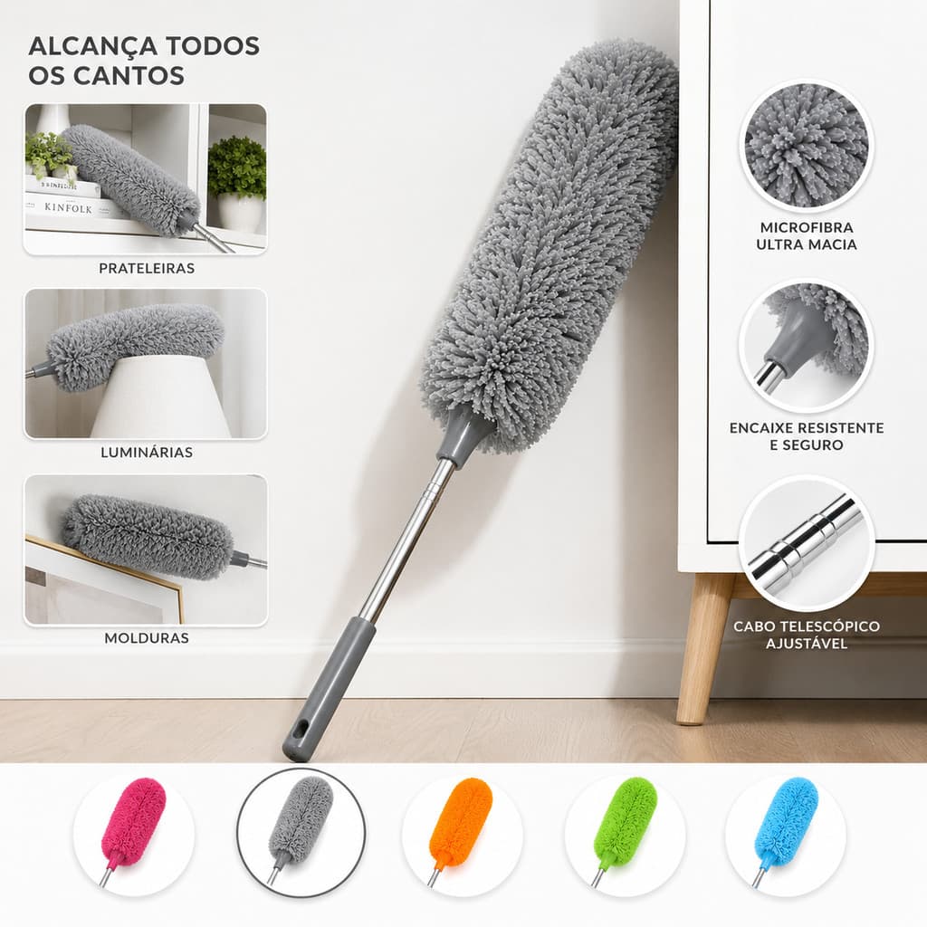 Espanador de Pó Eletrostático Premium com Extensor Retrátil Alcance Alto Limpeza Eficiente