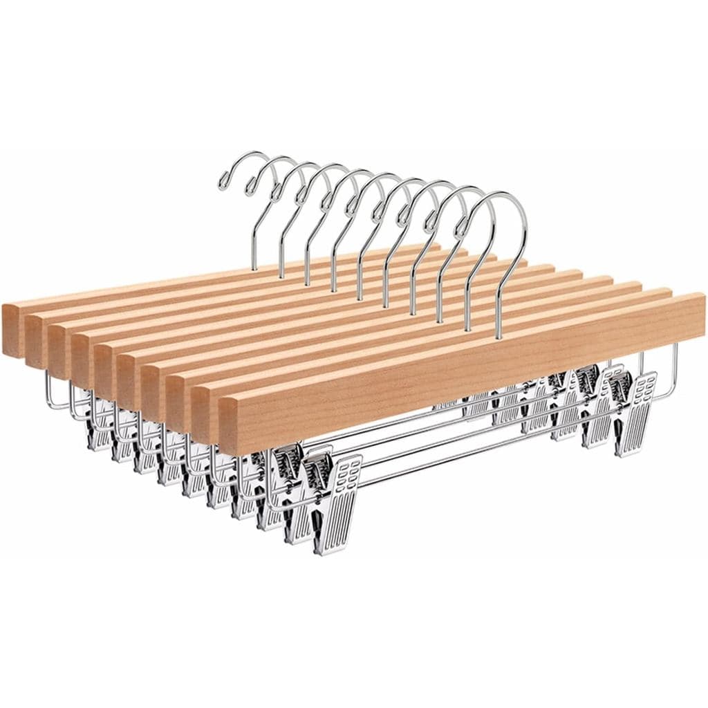 Amber Home - Pacote com 10 Cabides de Madeira Natural para Calças com Clipes, Cabides de Madeira para Saias e Calças par