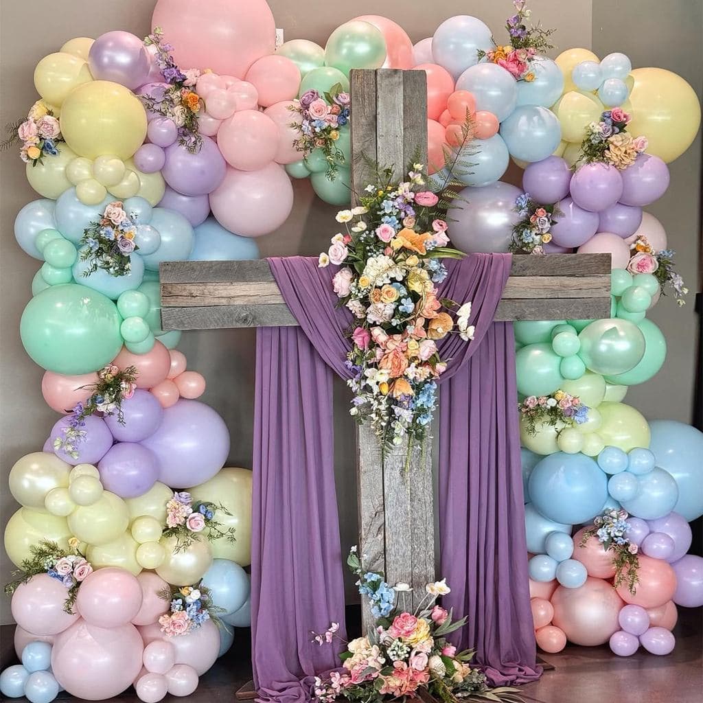 Kit de Arco de Balões Pastel com Balões Duplamente Recheados em Tons Pérola, Macaron, Rosa, Azul, Amarelo, Verde e Roxo