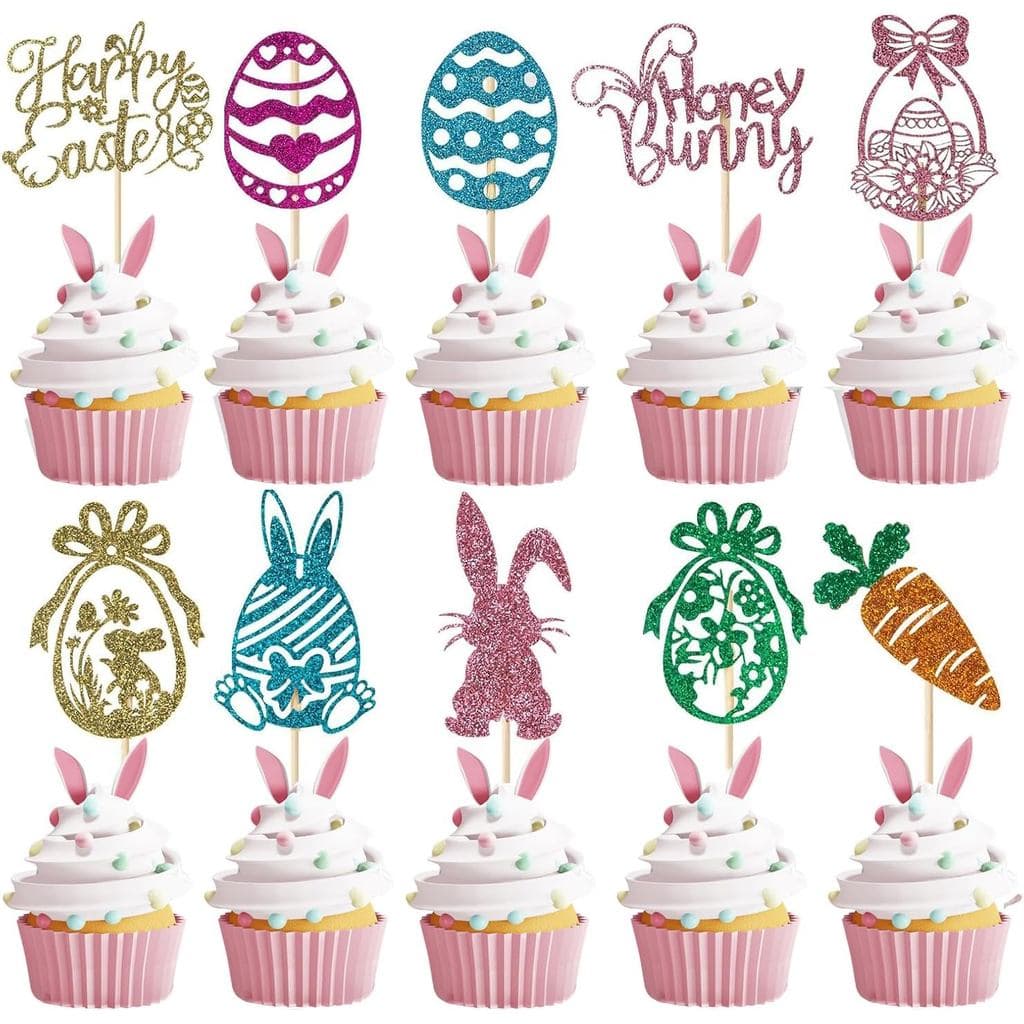 60 Peças de Enfeites para Cupcakes de Páscoa, Enfeites de Orelha de Coelho para Cupcakes, Enfeites de Bolo de Coelho par
