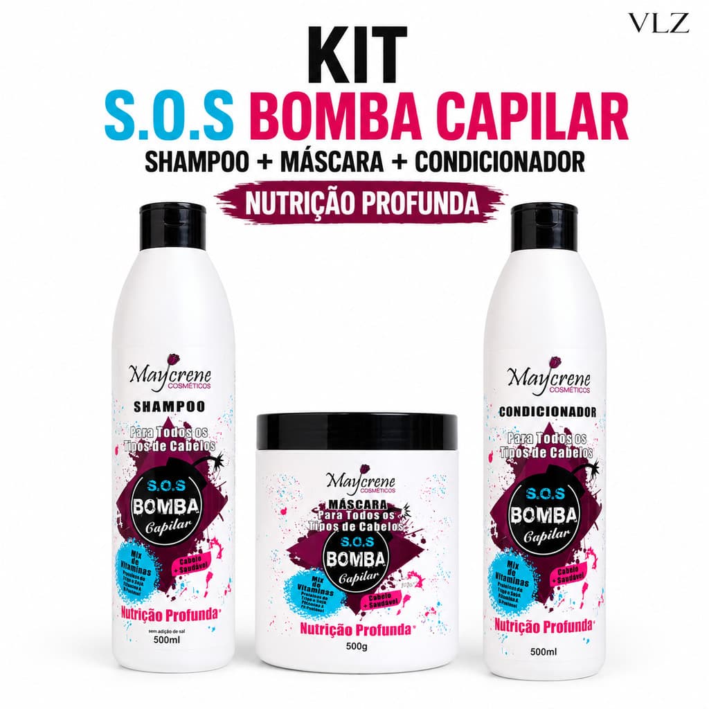 Kit Maycrene S.O.S Bomba Capilar  Shampoo e Condicionador 500ml + Máscara 500g