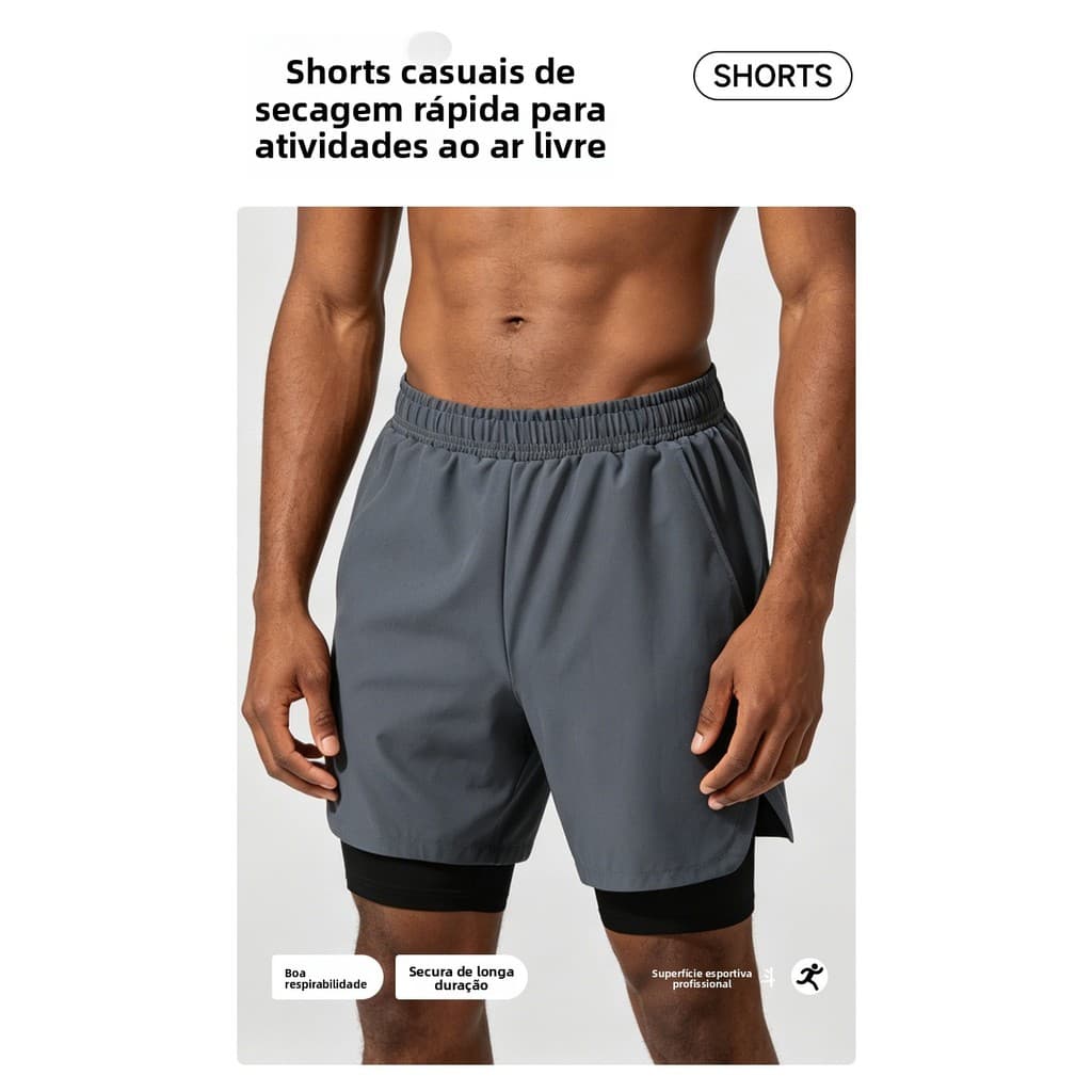 Calças casuais de fitness com efeito de duas peças, calças de secagem rápida em seda gelada de dupla camada, shorts espo