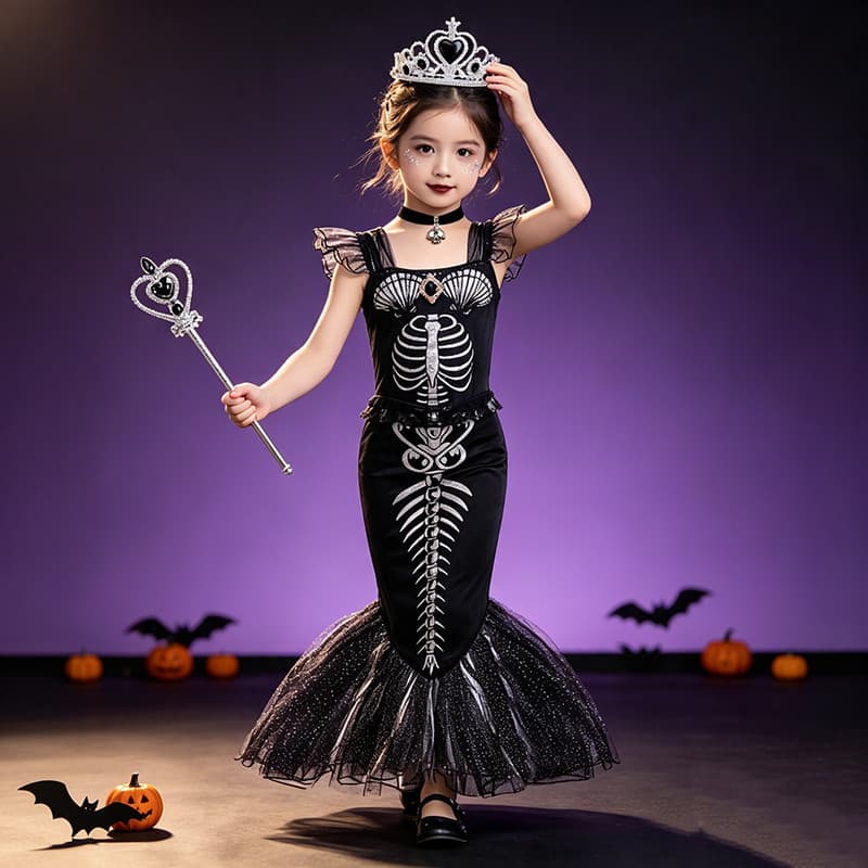 Fantasia Infantil De Halloween , Sereia Escura , Menina , Dramatização , Vestido De Esqueleto De