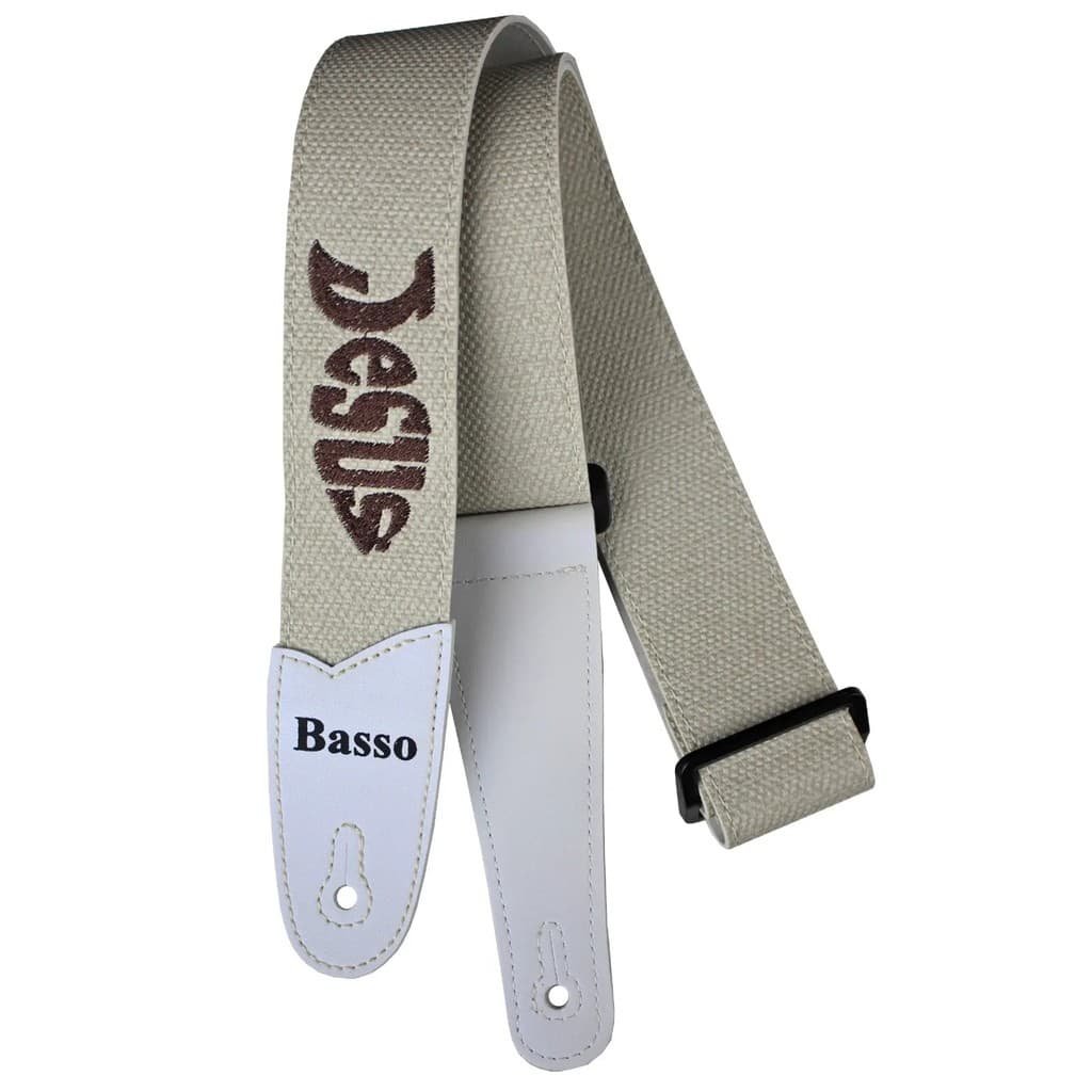 Correia Guitarra Violão Baixo Basso Sintético Off White Peixe Jesus Ajustável Ponteira Reforçada