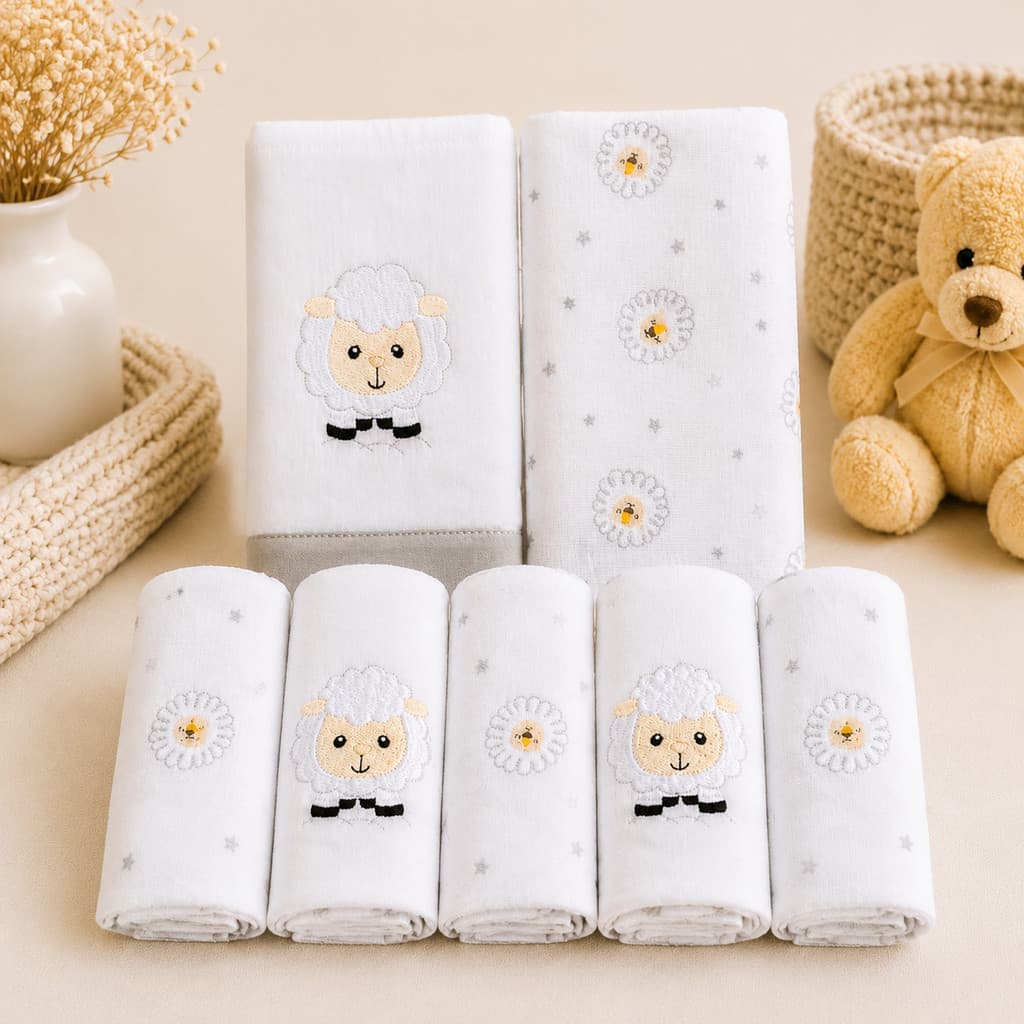 Kit 7 Peças Enxoval Bebês Diversas Estampas 5 Fraldinhas de Pano c/ 2 Toalhas Fralda tudo 100% Algodão
