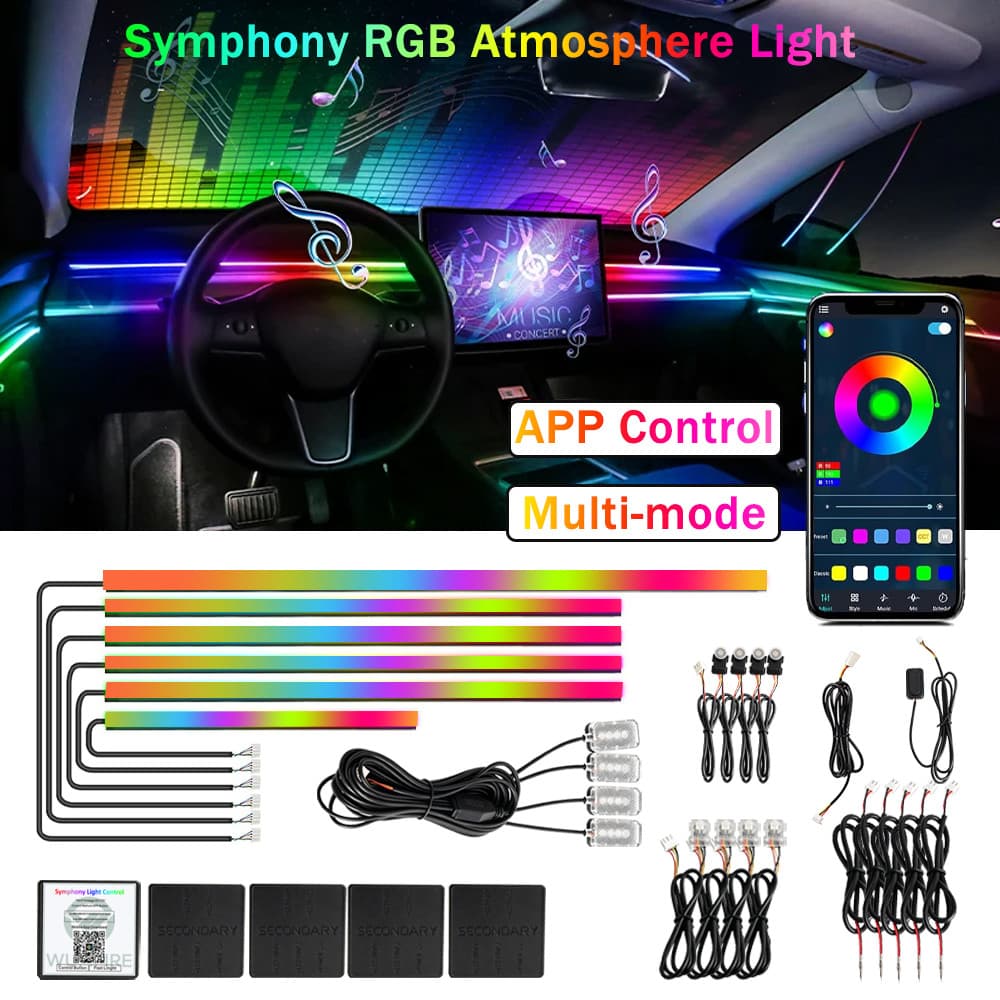 Nova Cor Completa Interior Do Carro Luzes De Tira LED Com Aplicativo Sem Fio RGB Kits Iluminação Ambiente Luz Néon Sinfo