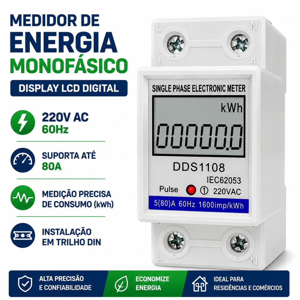 Medidor de Energia Monofásico Display LCD Digital Wattímetro kWh 200V AC 60Hz 80A Trilho Din