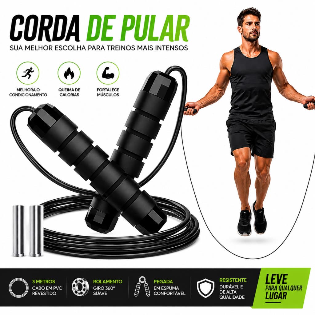 Corda de Pular Profissional 3 Metros Cabo Revestido em PVC com Pegadores em Espuma para Treino Fitness Crossfit