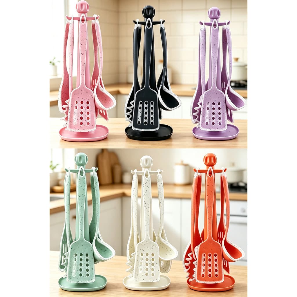 Kit Utensílios de Cozinha 6 Peças Fibra de Trigo com Suporte Organizador, Cor Envio Aleatória