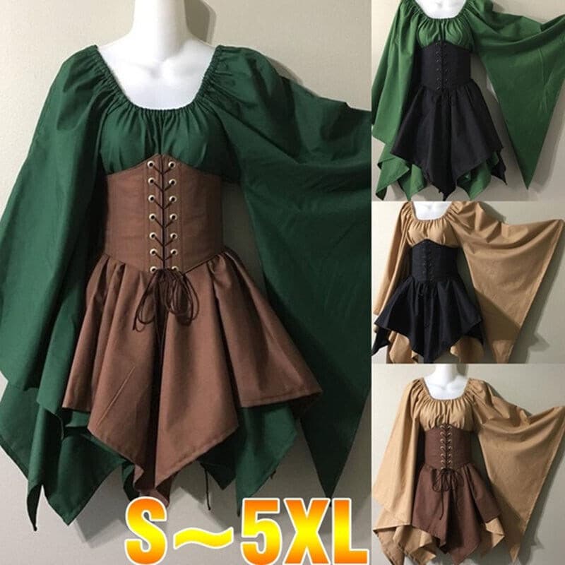 Conjunto de Fantasia Medieval Feminina, Estilo Elfo da Floresta, com Corpete e Vestido, Adequado para Halloween MDLI TNN