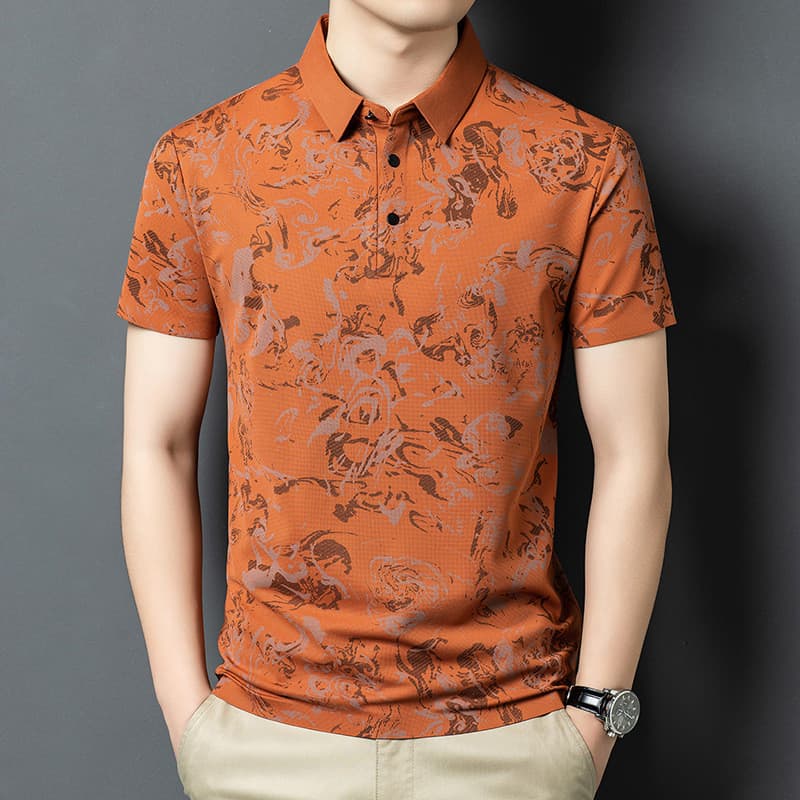 Verão gelo seda impressa camisa Polo masculina de manga curta respirável não-ferro de meia-idade negócios Casual All-Mat