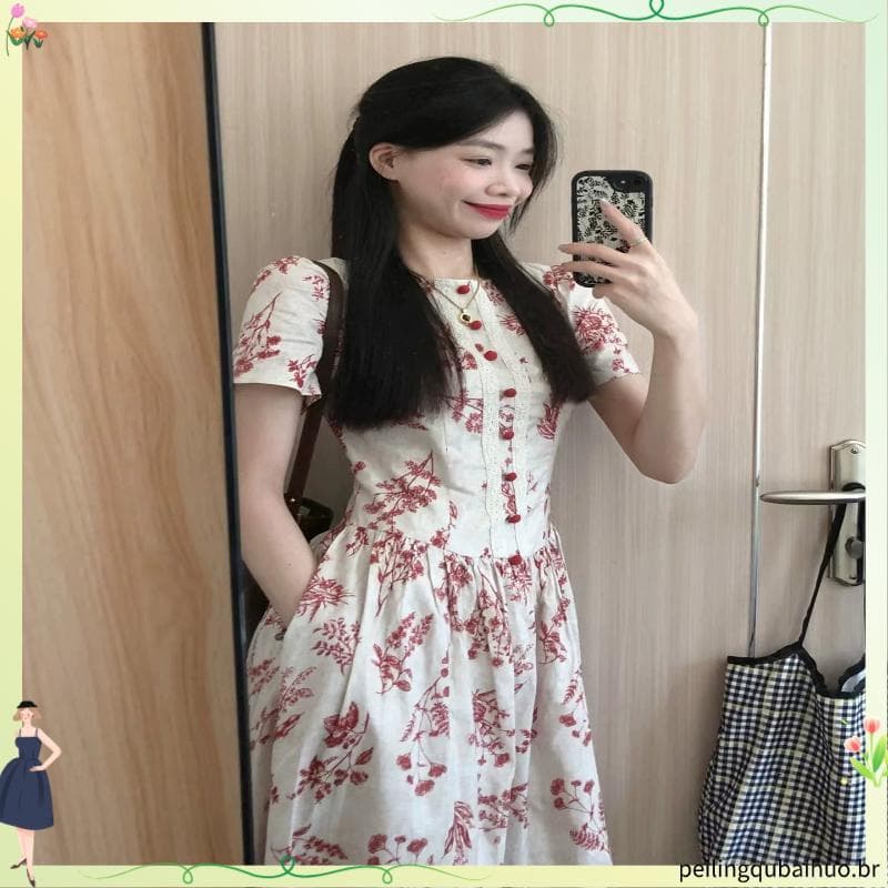 Literário Retro vermelho impresso vestido feminino verão cintura estreita mais magro olhar em torno do pescoço temperame