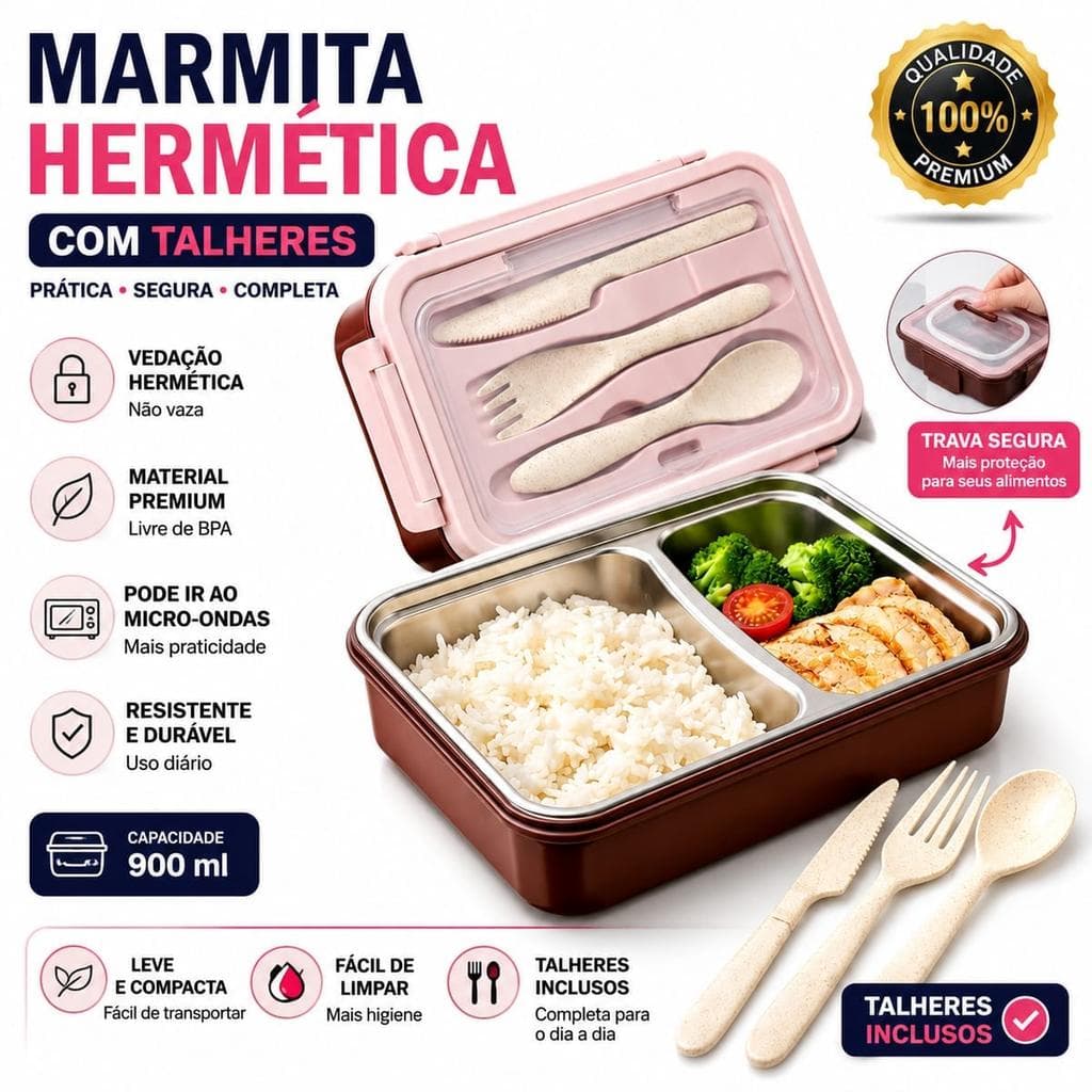 Marmita Térmica Inox Com Divisória Talheres Lancheira Portátil Marrom