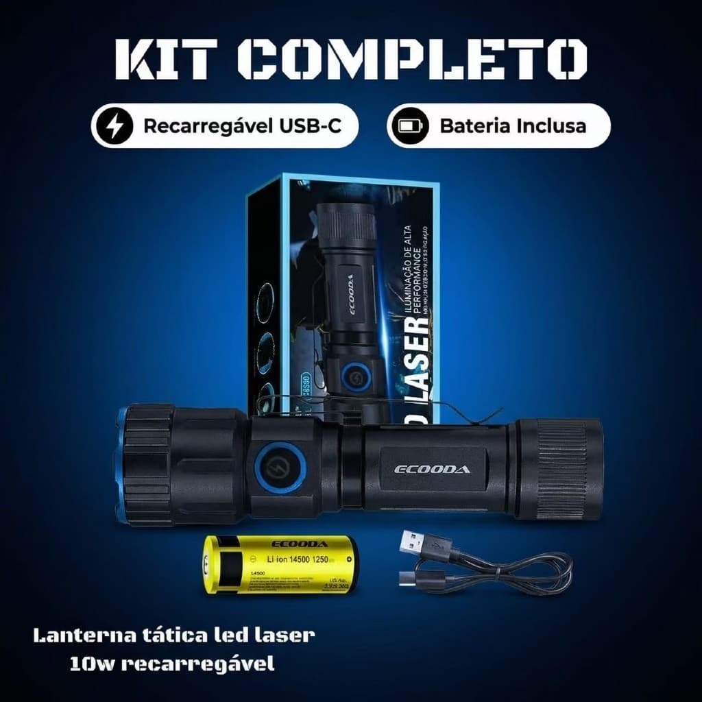 Lanterna Tatica Led Laser 10w Super Potente Mais Forte do Mercado Recarregavel Zoom Bateria T90