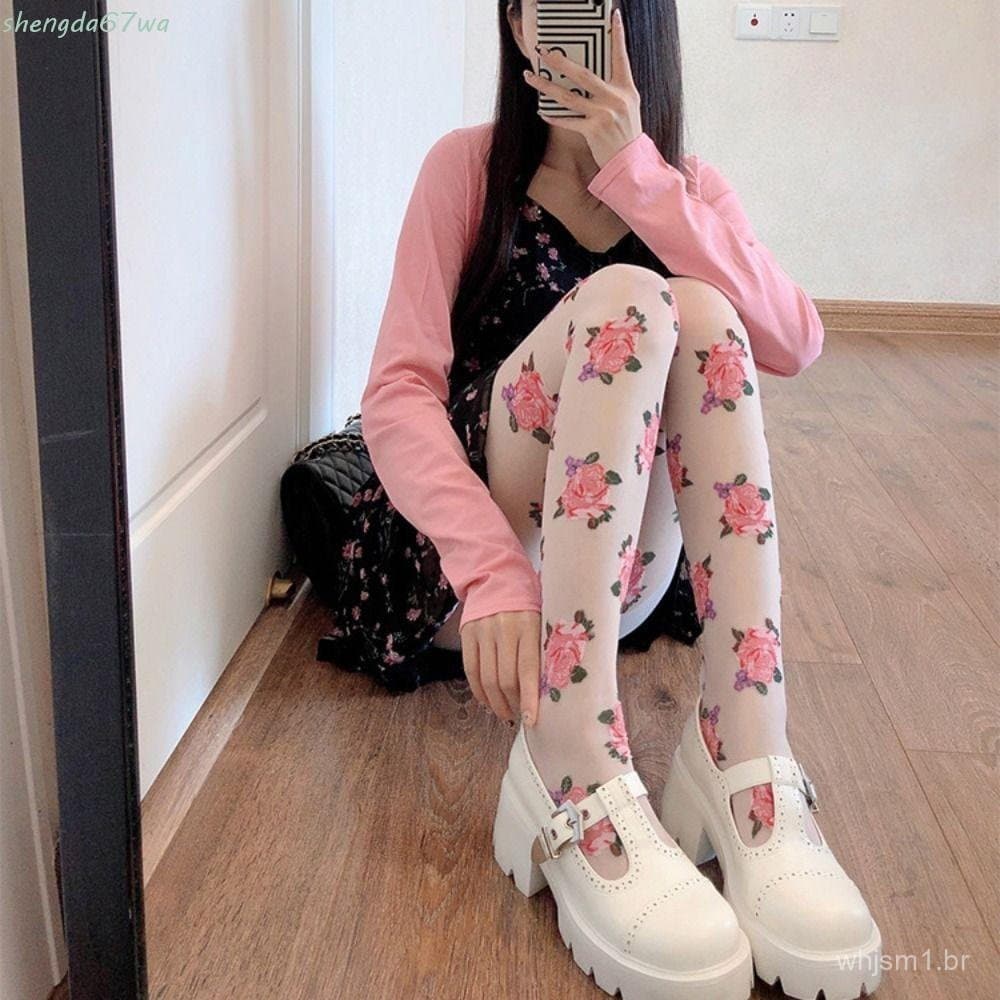 Meias Lolita SHENGDA, Meia-calça Feminina Fina com Bordado Floral em Rosa/Preto para o Verão