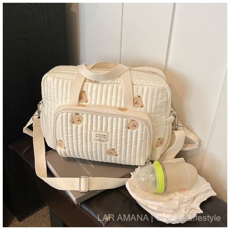 Bolsa de Maternidade com Padrão de Urso Fofo Estilo Coreano, Bolsa de Mão Elegante com Bordado Floral, Bolsa Transversal