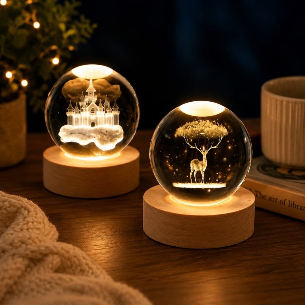 Luminária de Mesa Bola de Cristal 3D LED | Esfera Decorativa com Base de Madeira USB | Abajur para Decoração e Presente