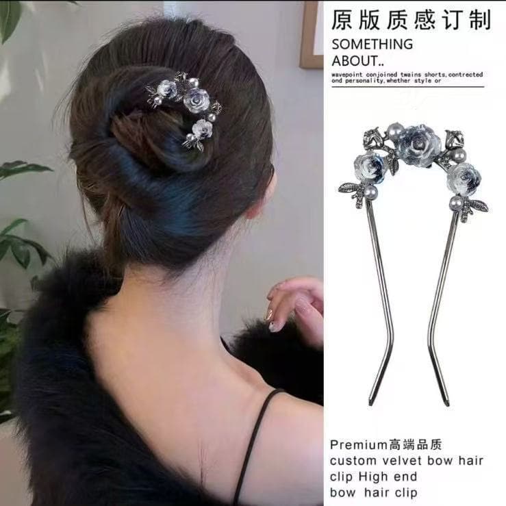 Pente de cabelo em forma de U temperamento dourado pérola strass onda elegante cabeça de bola de quatro dentes novo esti