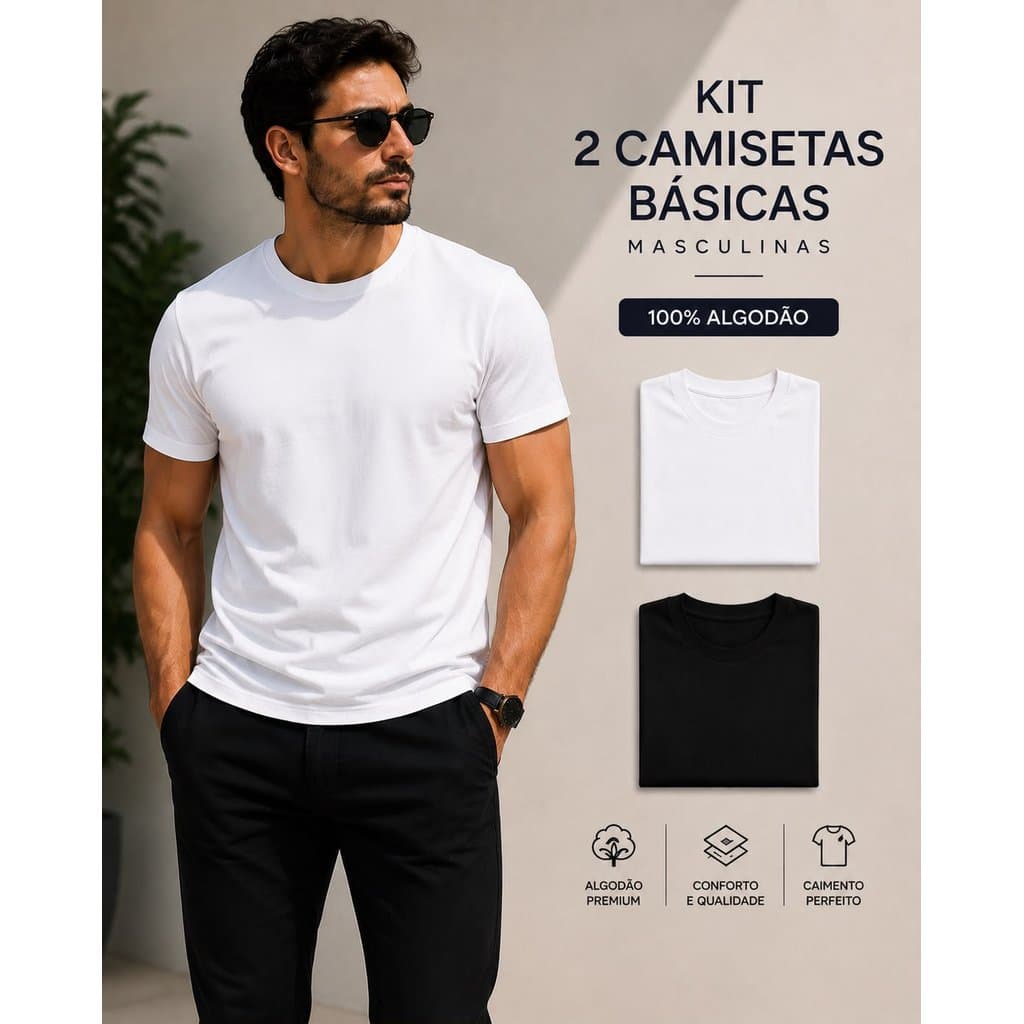Kit 2 Camisetas Masculinas Básicas em Algodão Para o Dia a Dia Trabalho Leve e Discreto.