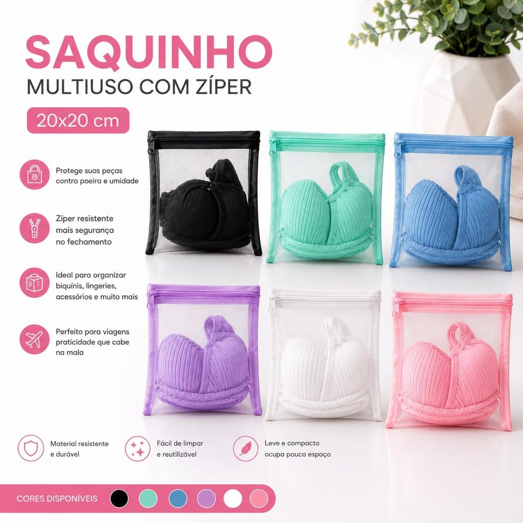 Saquinho Organizador 20x20 com Zíper Multiuso para Viagem e Roupas