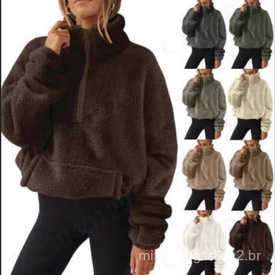Cross-Border 2024 outono inverno europeu americano novo produto de pelúcia senhoras meio zíper gola alta moletom.