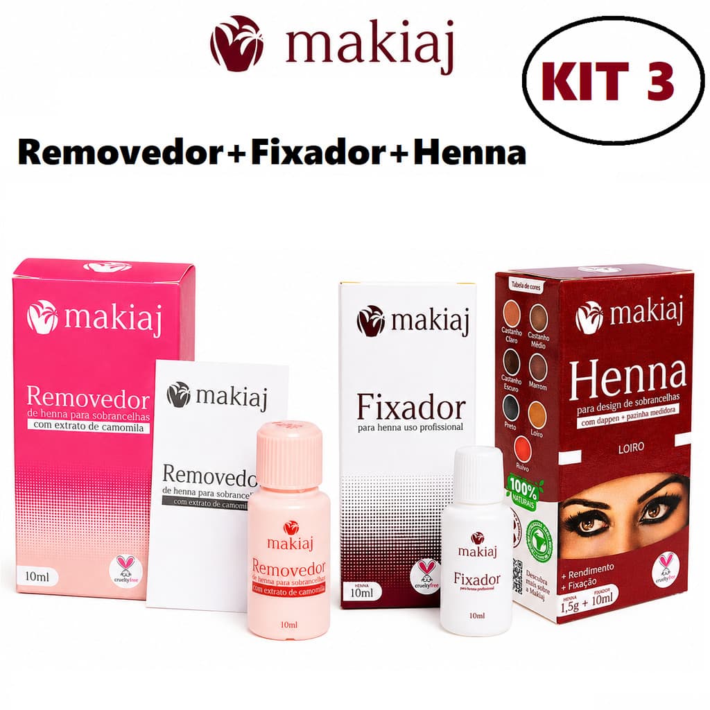 Kit Design de Sobrancelhas Makiaj Henna 7 Tons + Gel Fixador e Removedor