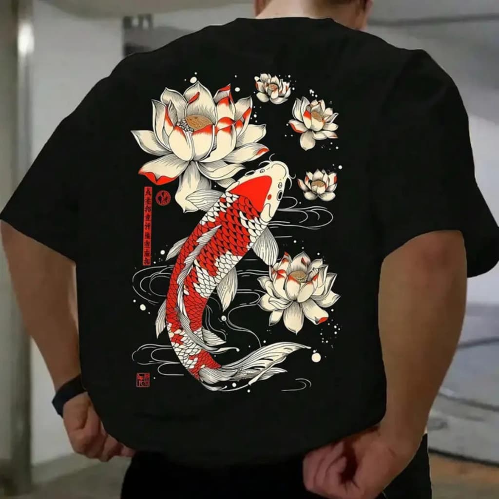 Camisa 100% Algodão Masculina Estampada Frente/Costas Desenho Peixe Flores Camiseta Streetwear Básica Minimalista