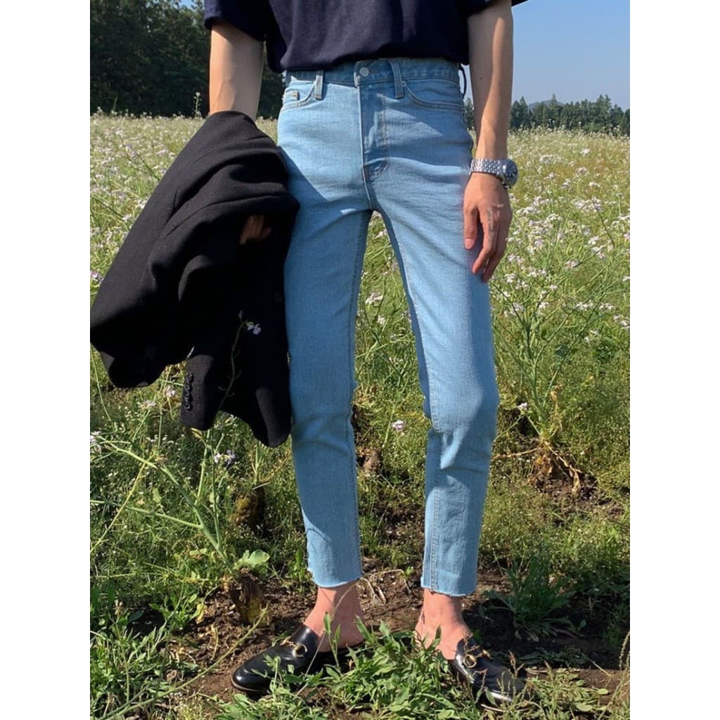 Estilo fino ins estilo alto estiramento Jeans masculino 9 pontos fino ajuste all-match calças magras all-match estudante