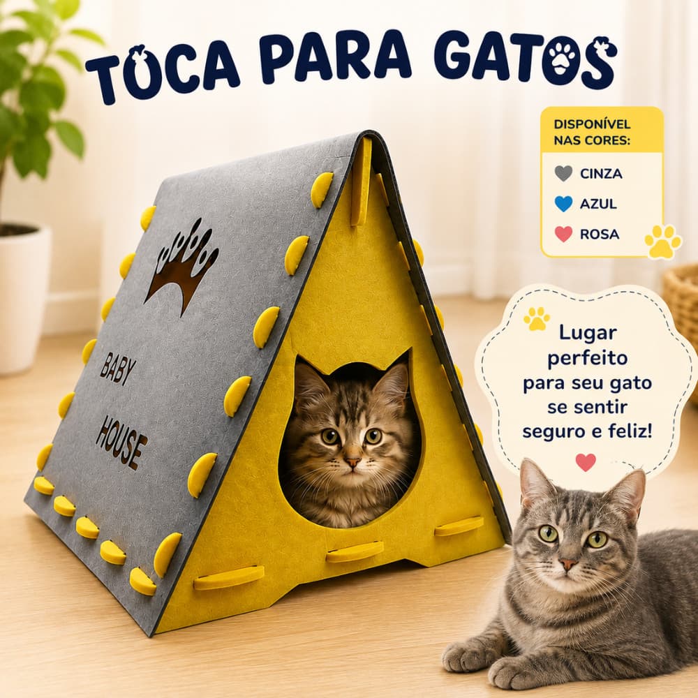 Casa Toca Cama para Gatos Dobrável + Arranhador em Feltro Casinha Pet Confortável Macho Fêmea