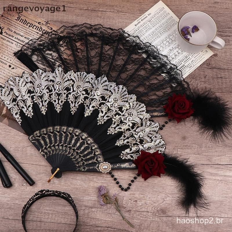 Leque feminino para festa de chá, leque Lolita rosa dobrável com renda dourada, estilo vintage europeu.
