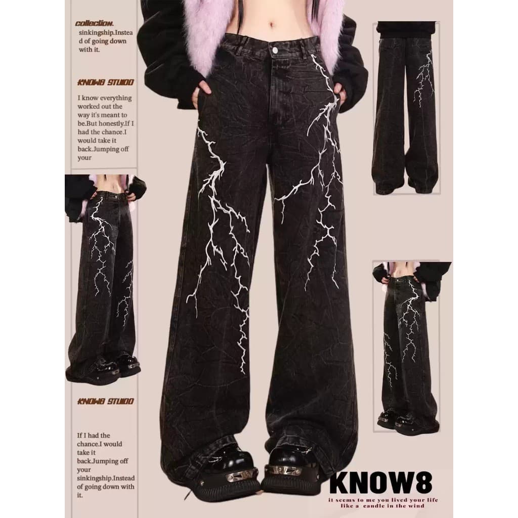 Calça Jeans preta bordada relâmpago masculina solta reta perna larga calça americana de rua alta masculina bonita