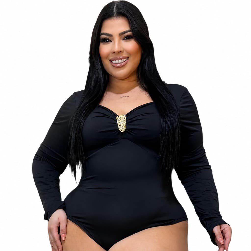 Body Feminino Plus Size em Suplex com Fivela, Decote Franzido e Manga Longa Tendencia Efeito Cinta