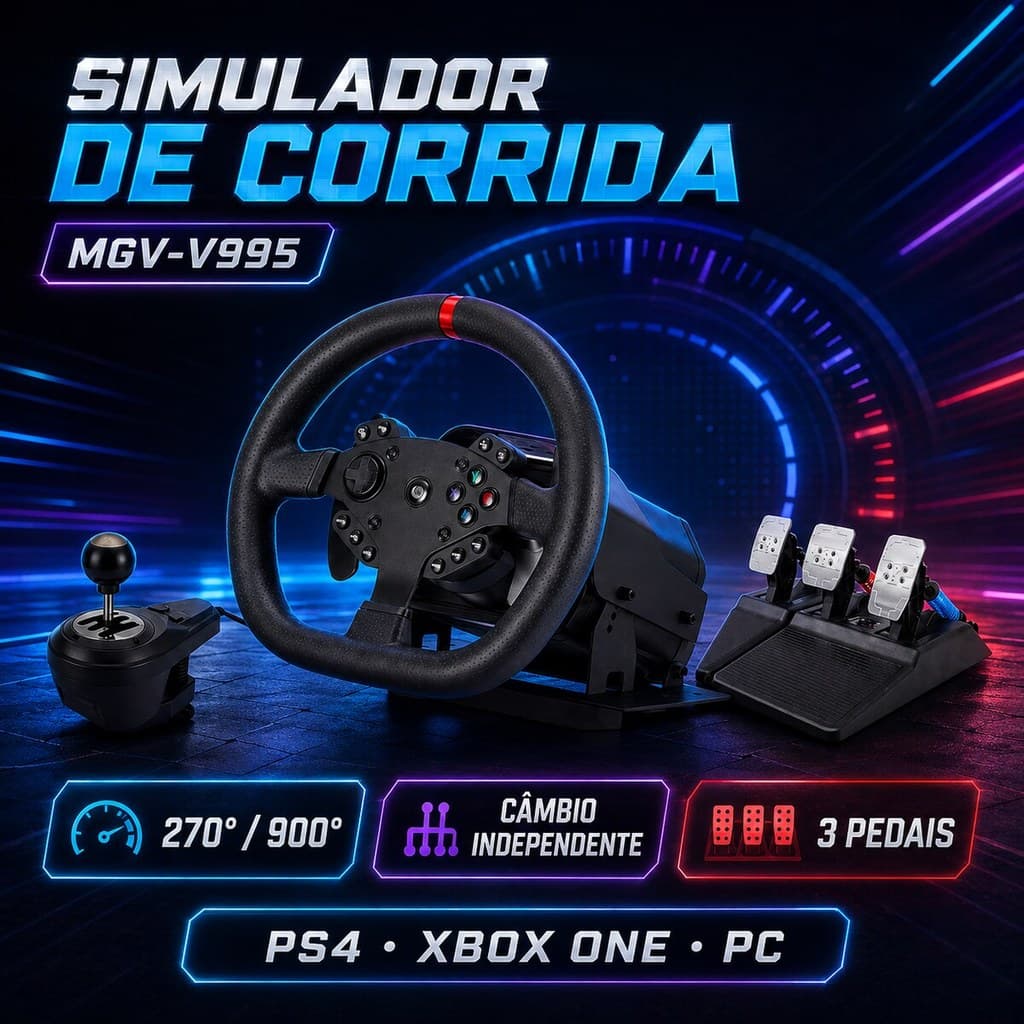 Volante Gamer Simulador de Corrida MGV-V995 270°/900° com Câmbio e 3 Pedais para PS4 Xbox One e PC