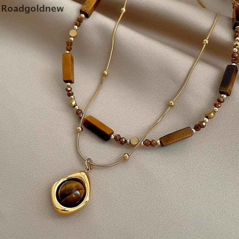 RGN 1/2 Pçs Retro Temperamento Em Camadas Olho De Tigre Pedra Pingente Colar Para Mulheres Meninas Luz Luxo Camisola Cor