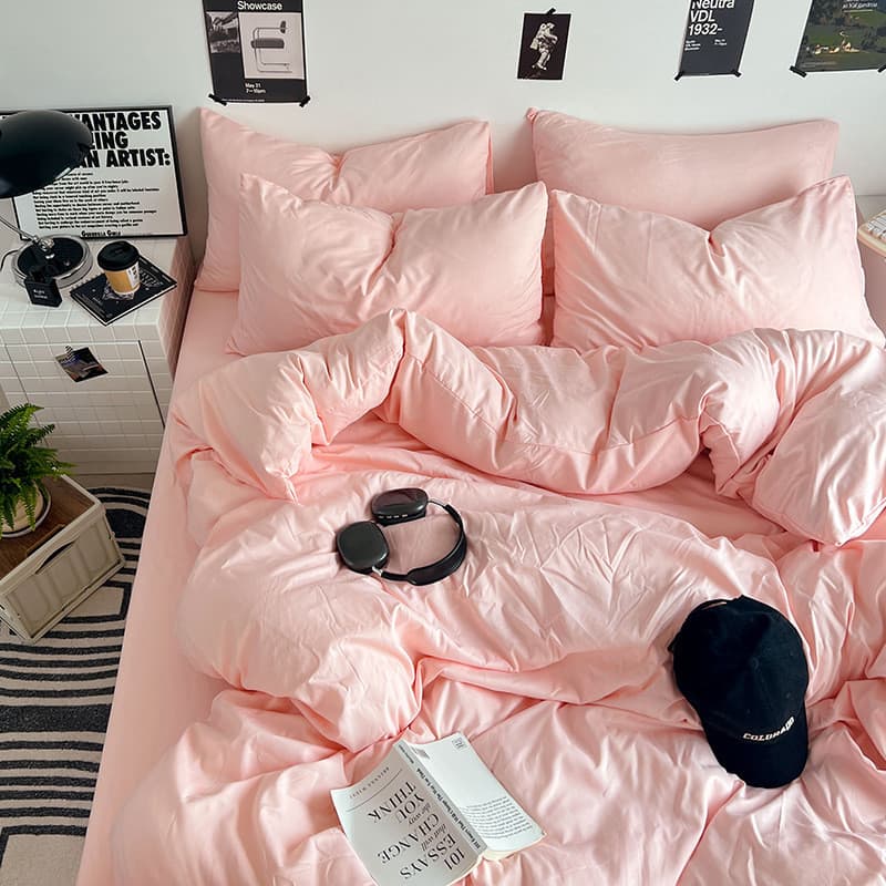 Conjunto de quatro peças cor sólida dupla peça de algodão lavado Nude rosa cama dormitório estudante universitário cama