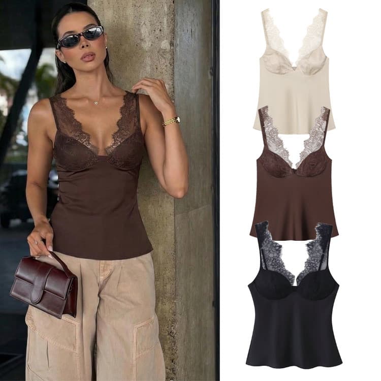 Verão Novo Estilo Feminino Renda Seda Cetim Texturizado Colete 8986331