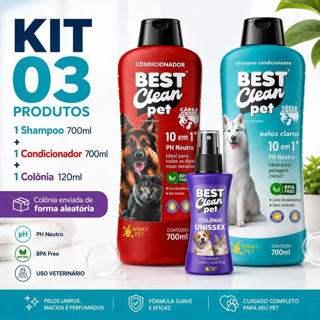 Kit Shampoo Pelos Claros Best Clean Pet com Condicionador e Colônia – 700ml+700ml+120ml, 10 em 1, pH neutro, sem paraben