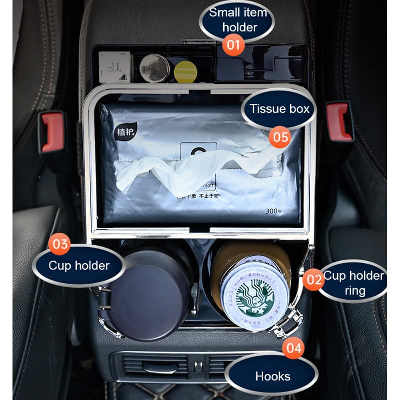 Organizador interno para carro com porta-lenços, porta-copos e compartimento de armazenamento com gancho para pendurar.