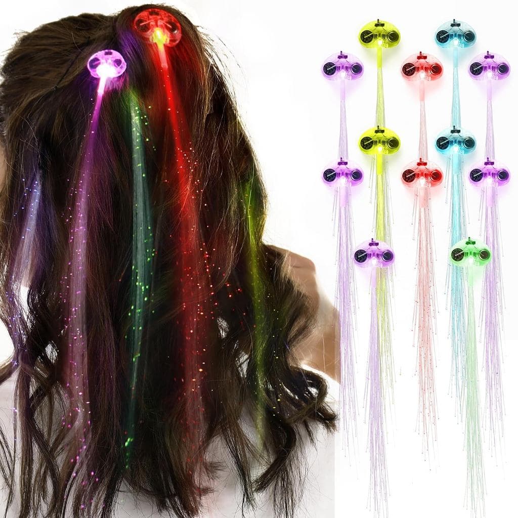 NoveltyPlace: Conjunto de 12 acessórios de cabelo de fibra óptica com LED, acessórios de cabelo com clipes, clipes de ca