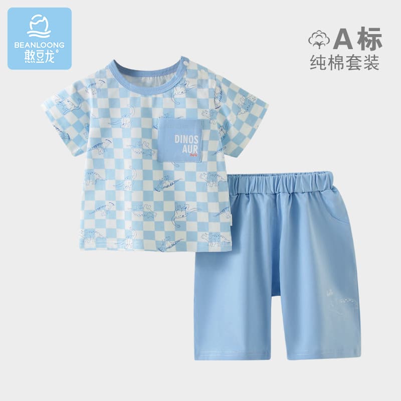 Handoulong bebê puro algodão Shorts de manga curta terno menino bebê passeio ombro botão terno de duas peças menino verã