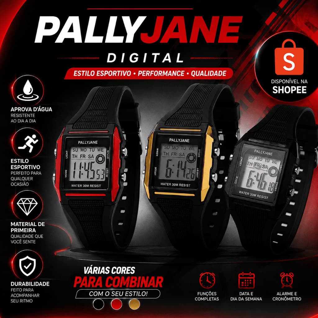 Relógio Digital Masculino PALLYJANE Esportivo à Prova d'Água – Display Digital, Alarme e Cronômetro