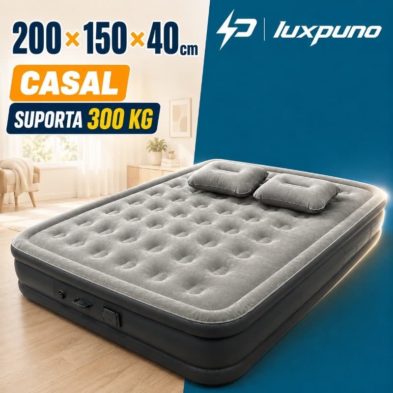 Colchão Inflável Casal Premium 200x150x40cm Bomba Elétrica USB Recarregável 2 Travesseiros Infla Rápido para acampamento