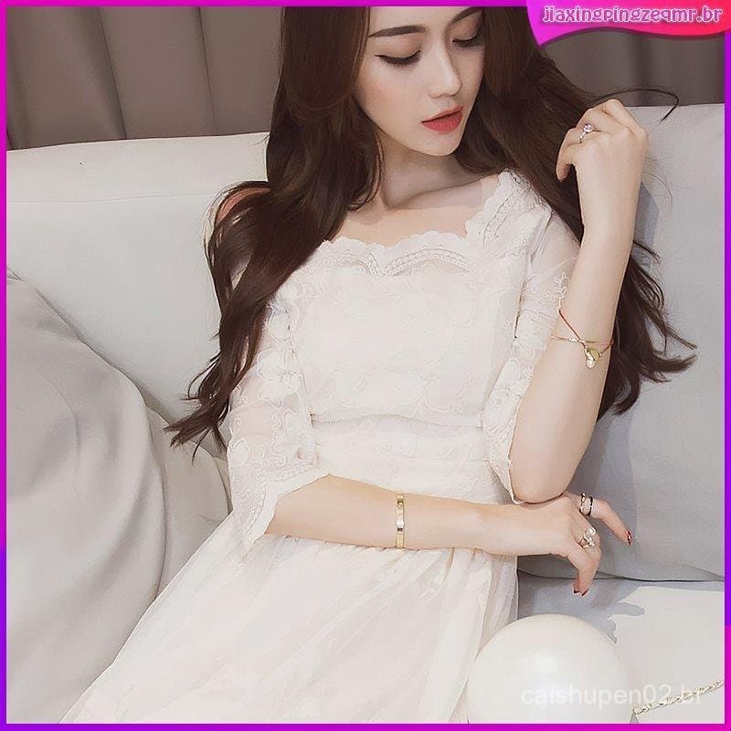 Vestido Longo Casual Branco de Verão em Renda de Malha Coreana Francesa 2024 GMWJ