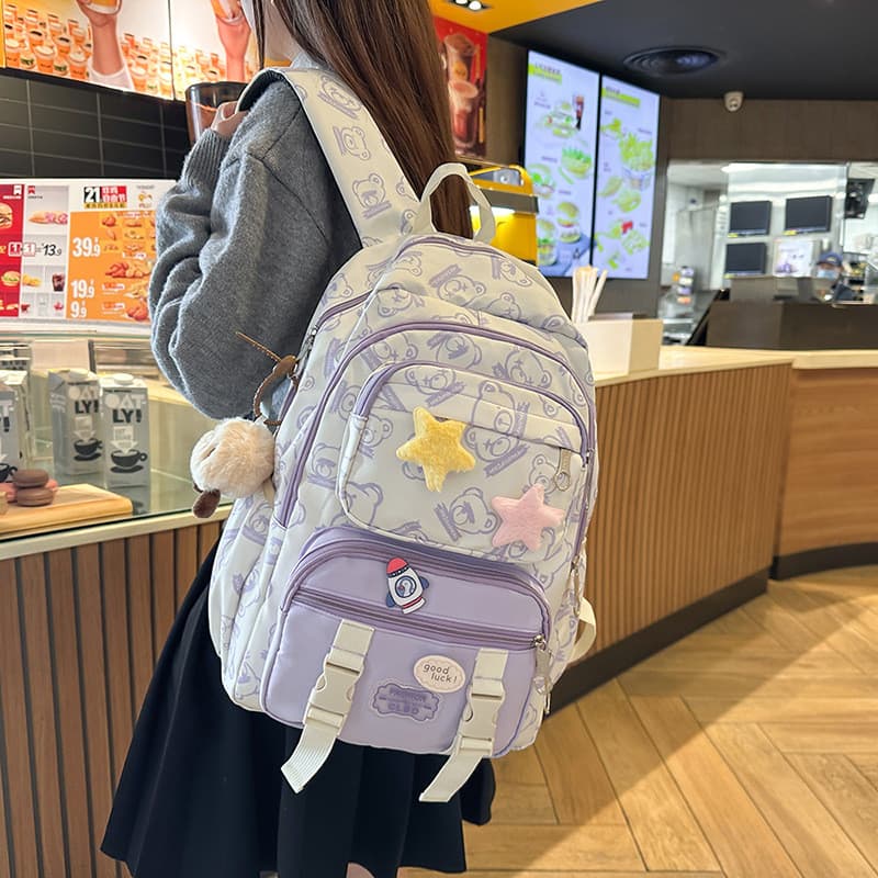 Mochila de estilo coreano com design atraente, moderna, doce, mochila escolar de urso fofo, mochila juvenil de desenho a