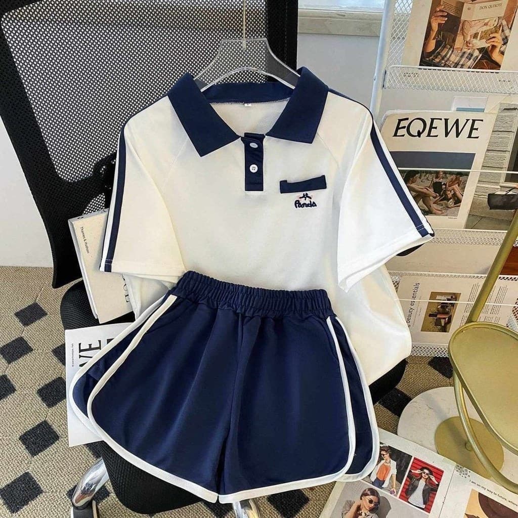 Estilo Preppy terno esportivo feminino gola polo estudante manga curta topo Casual All-Match Shorts dois-#现货学院风运动套装女polo