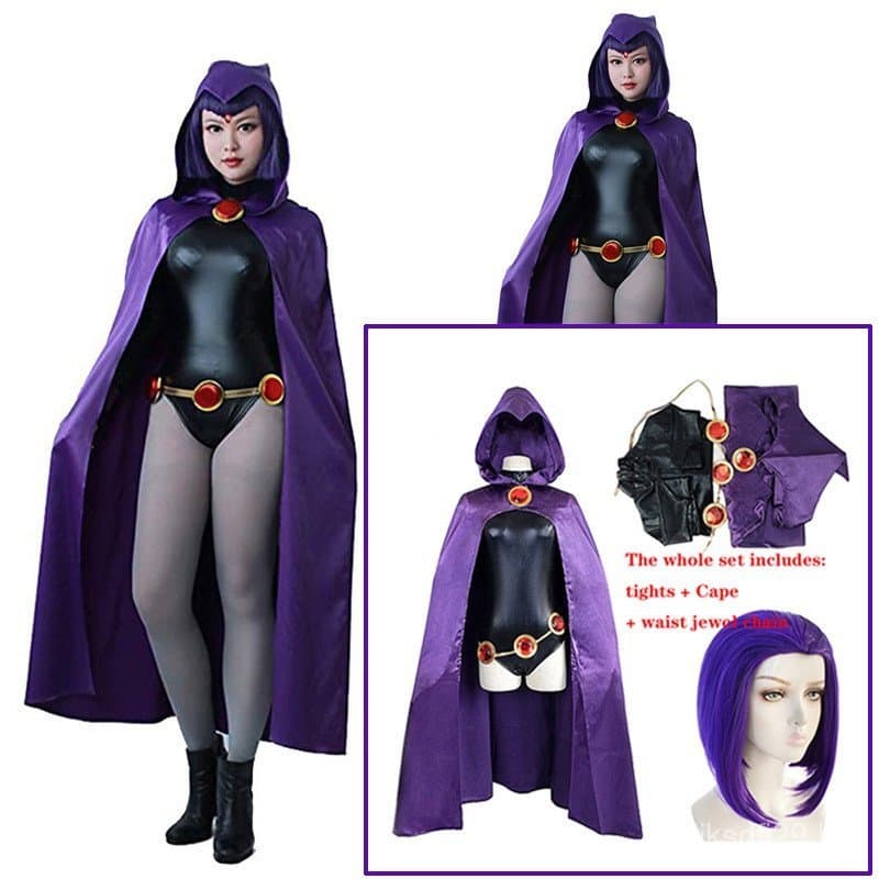 Adolescente Titans Raven Cosplay Fantasia Super-Herói Capa Macacão Zentai Halloween Roupas Apertadas + Corrente De Jóias