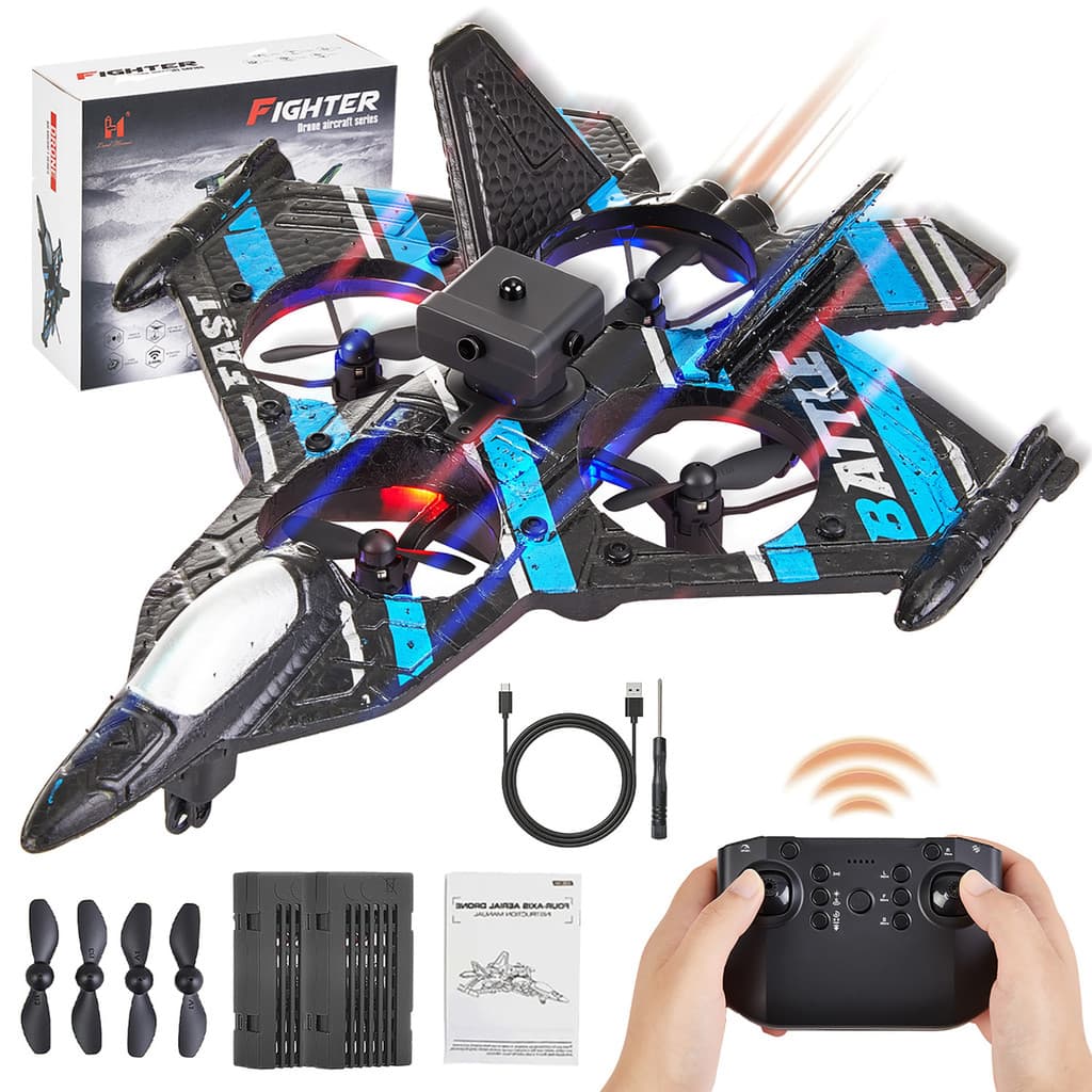 JogoJunto Avião RC 2.4GHz 4 Motores Controle Remoto Acrobacias 360° Voo Estável Luzes LED Recarregável