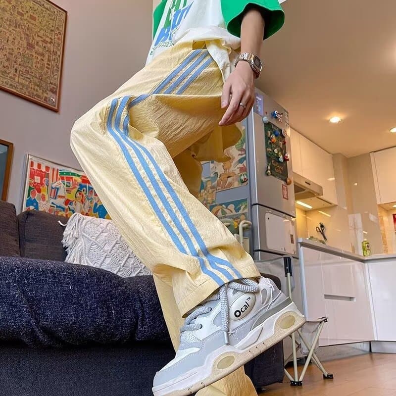 Dopamina cor Wear paraquedista calças masculinas verão fino calças de seda gelo estilo americano listras laterais jaquet