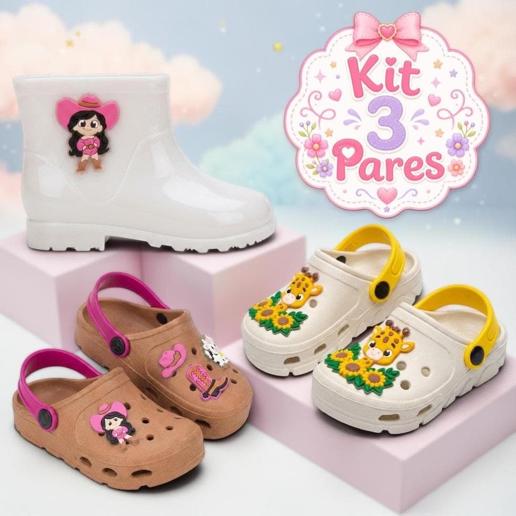 Kit 3 Pares Sandália Babuche Infantil Galocha Bota Menina Leve Confortável Lançamento